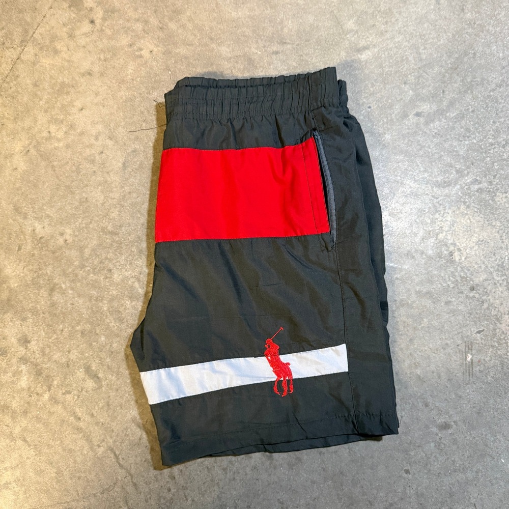 Polo Ralph Lauren Mens Colorblock Swim Trunks Black‎ Red White Big Pony Large